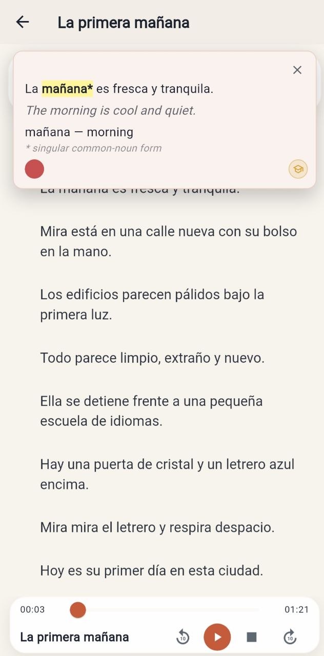 LingFlow tap-to-translate popup — Spanish word with English translation and form