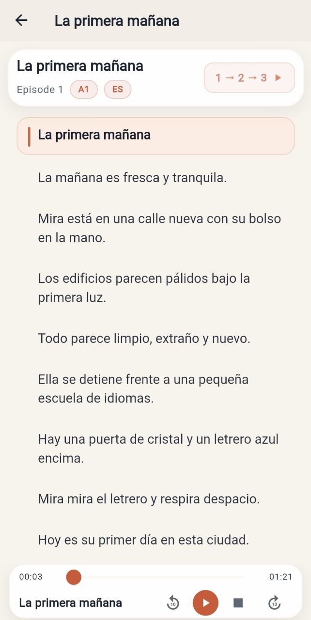 LingFlow story reader — Spanish text with audio player and 1-2-3 cycle badge