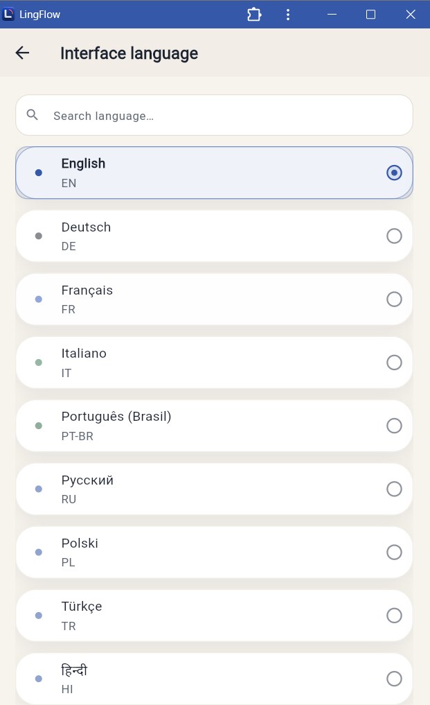 LingFlow interface language picker showing native locale names