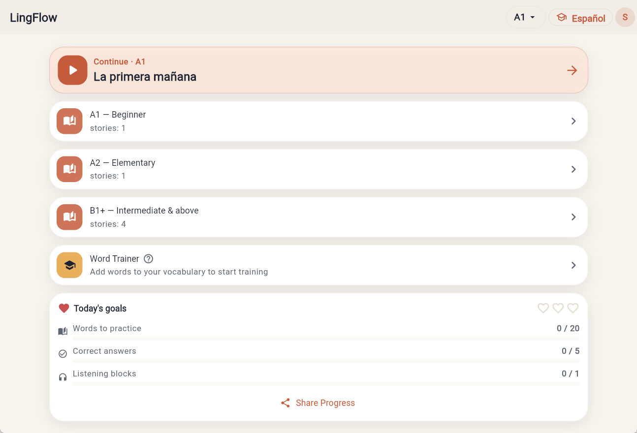 LingFlow desktop app — Spanish A1 hub with story, level cards, Word Trainer and daily goals